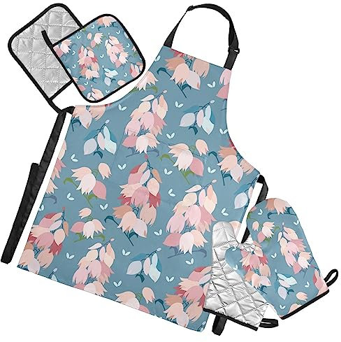 FRODOTGV Lot de 5 tabliers de cuisine colorés motif fleurs de yucca imperméables avec maniques et gants de cuisine résistants à la chaleur, Fleurs de yucca colorées, taille unique