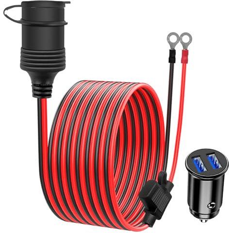 Giantdeer 2M Auto Wasserdichte Zigarettenanzünderbuchse, 15AWG 20A Anschlusskabel, 12V Verlängerungskabel Zigarettenanzünderbuchse mit Ringklemmen, 12-24V Dual USB Mini Autoladegerät für Auto/Motorrad