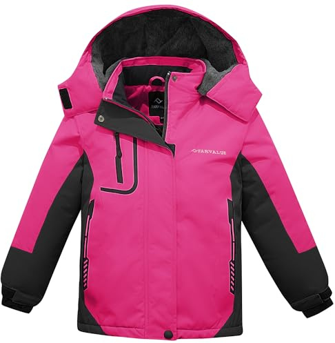 FARVALUE Girls Waterproof Ski Jacket Windproof Winter Coat Warm Snow Coat Outdoor Raincoats with Removable Hood Rose Red 14-16