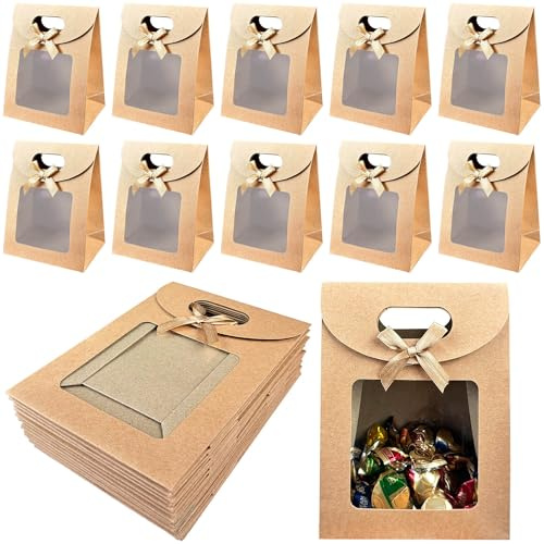 20 Pezzi Buste di Carta con Manico, 16x12x6cm, con Finestra e Manici - Sacchetti Kraft per Confezionare Caramelle, Cioccolatini, Biscotti, Regali