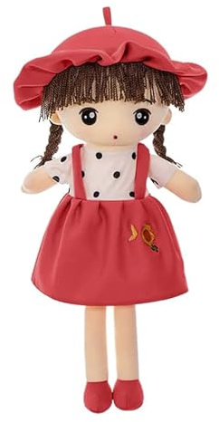 FakeFace Stoffpuppe babypuppe Püppchen mit Haar Baby Kinder Mädchen Deko Weiche Baby Puppe Doll Kuschelpuppe Taufgeschenk Plüschtier Gefüllte Puppen Mädchen Plüsch Spielzeug 45cm (Rot)