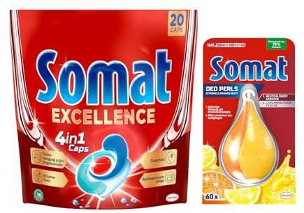 SOMAT 4in1 Caps 20 AW Excellence, schnellauflösende Spülmaschinentabs, für exzellente Reinigung & Glanz sogar im Eco-Programm + Somat Duo Power Experten Deo Perls 60 AW Zitrone & Orange Duft