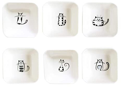 JTBDWOSK Super süße Katze Keramik-Soße, Miniseite Gewürzschale, Gewürzgerichte, Sushi-Soja-Eintauchschale, Snack-Serviergeschirr, MIAU-Porzellan Kleines Untertassen-Set (6er-Set),Weiß