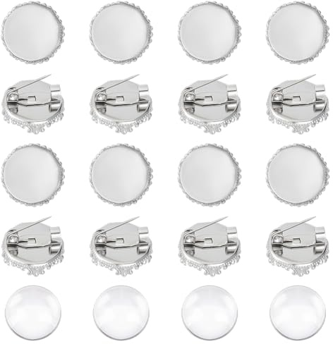 UNICRAFTALE 20 Stück Broschenschale Aus Edelstahl Blankes Cabochon Broschen Bastelset 15 mm Flache Runde Schalen Mit Klaren Glas Cabochons Broschenverschlüsse Anstecknadel Scheibenbasis