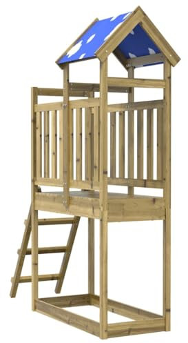 vidaXL Tour de jeu en bois avec échelle - Bois de pin imprégné marron, toit en polyester, aire de jeux extérieure, 110,5 x 52,5 x 215 cm