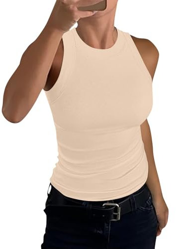 Warehouse Deals Angebote Crop top Bandeau top Damen Oberteil Damen Sommer Einfarbig Rundhals Slim Tank Top Chiffon Bluse Camisole Tops (Beige, L)
