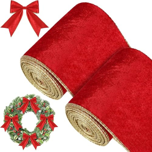 KAHEIGN 2 Rollen Weihnachtsband Rot Weihnachten Samtband, 11m x 10cm Breit Weihnachtssamtband mit Drahtrand, Vintage-Weihnachtsband für Weihnachten, DIY Schleife Dekoband Samt Schleifenband