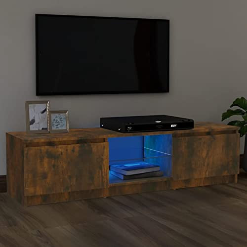 Sufrk Meuble TV avec lumières LED chêne, fumée, 120 x 30 x 35,5 cm, meuble TV mobile porte télévision, meuble industriel table basse vintage console pour salon