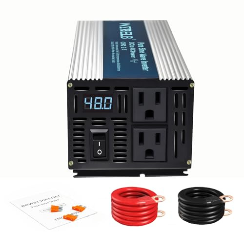 WZRELB 1200W Pure Sine Wave Inverter 48V DC to 110V 120V AC Power Converter with LED Display, Off-Grid Portable Power Inverter with 2 AC Outlets for Home, RV, Truck, Camping