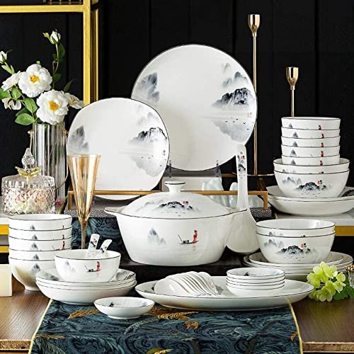 QUSYZD Ensembles de Vaisselle pour 4/6/12 Personnes, Service de Table Chinois, Ensemble d'assiettes et de Bols en Noir et Blanc, Motif de Peinture à l'encre Ancienne Chinoise 60,