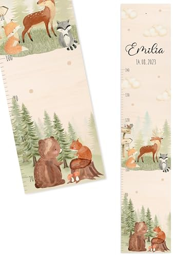 Bärenfreunde® - Personalisierte Messlatte Kind Holz zum Kleben oder Aufhängen - Skala 70-140cm - Süße Dekoration für Baby- & Kleinkinderzimmer (Kinder 70-140cm, Waldtiere Wolkenwald)