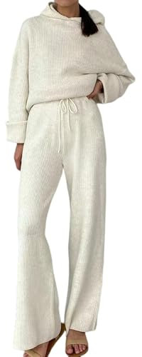 Damen-Sport-Pullover-Set, Strick-Set, Kapuzenpullover, Freizeithose, hohe Taille, solide Hosen-Set, modisches 2-teiliges Set mit Kapuze(White,XL)