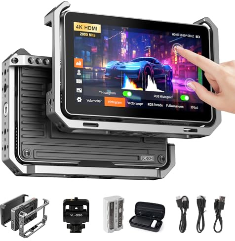VILTROX DC-X2 2000 Nits Kamera-Field Monitor mit Rig Cage, 4K HDMI 6 Touchscreen DSLR-Kamera-Videomonitor mit Sonnenschutz/Akku, 3D Lut 1920x1080 HD Full Waveform Focus Peaking Vector Scope