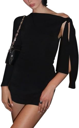 Hanaoops Women Off Shoulder Dress Long Sleeve Bodycon Mini Dress Sexy Ruched Party Going Out Tight Dress Elegant Black Short Dress Hip-Hugging Elastic Dress