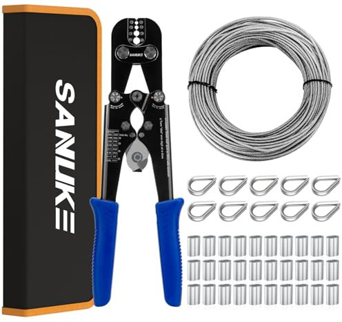 Sanuke Wire Rope Crimping Tool Kit with 33ft 1/8 Stainless Steel Cable 7x7 Strand Core for Aluminum Oval Sleeves, Double Sleeves, Crimping Loop Sleeves from 3/64-inch to 1/8-inch