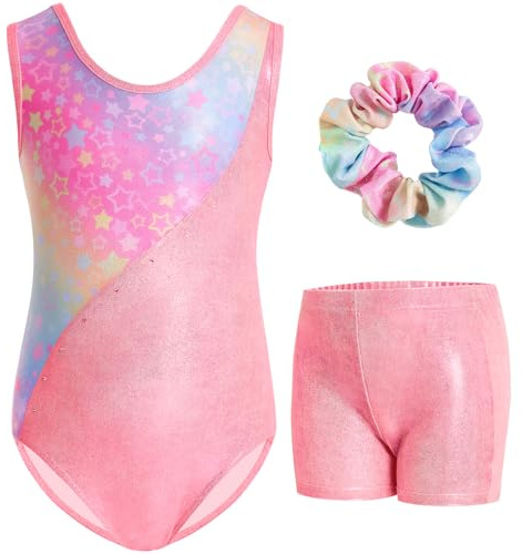 Gogokids Mädchen Dreiteiliges Gymnastikset mit Shorts, Kinder ärmelloser Gymnastikanzug mit Schmucksteinen, Funkelndes Mädchen Gymnastikoutfit, Sportliche Tanzbekleidung für Kinder im 5-6 Jahre