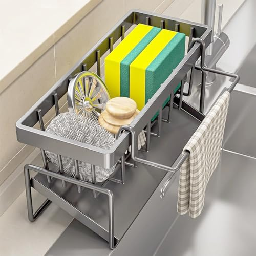 Rongxze Spülbecken Organizer, Küche Schwammhalter Spüllappenhalter, Edelstahl Spüle Küchen Badezimmer Organizer mit Handtuchhalter, Spülbecken Caddy Organizer für Schwamm, Bürste (23x9x10 cm)