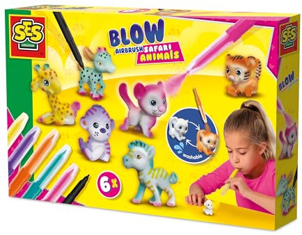 SES Creative 14335 Feutres Aérographe - Animaux Safari - Kit de Loisirs Créatifs pour Enfants dès 5 Ans - Décorez des Animaux de Safari - Lavable pour Un Plaisir Infini