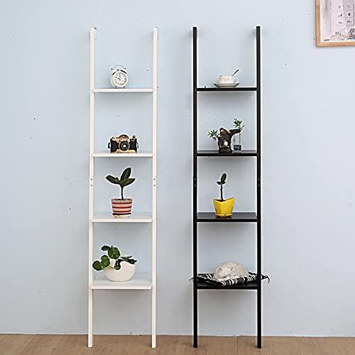 Ladder Shelf 4 Tiers, Wood Wall Ladder Bookshelf & Leaning Shelf, Height 160cm Multipurpose Bookcase, Tall Open Storage Rack, Display Shelves, Free Standing Organizer, for Home Office Bedroom (Black)