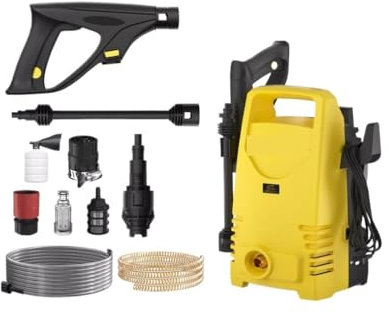 Hidrolimpiadora eléctrica de Alta presión de 1600 W, 120 Bar, 380 l/h, Lanza Ajustable de 0 a 180°, Manguera Flexible de 7 m, Apta for terrazas, Jardines y Coches.
