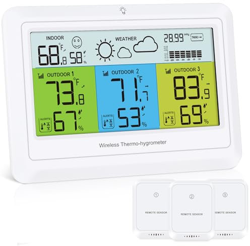 Brifit Digital Thermo-Hygrometer with 3 Sensors, Wireless Weather Station with Temperature, Humidity & Air pressure, Indoor Outdoor Thermometer with Weather forecast, Temperature Alert, MAX/MIN Record