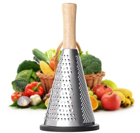 Cone Cheese Grater, 9.6 Inch Stainless Steel Grater and Zester Multifunction Graters with Wood Handle Parmesan Shaver for Cheese, Vegetables, Kitchen Use, 11×11×25.4CM