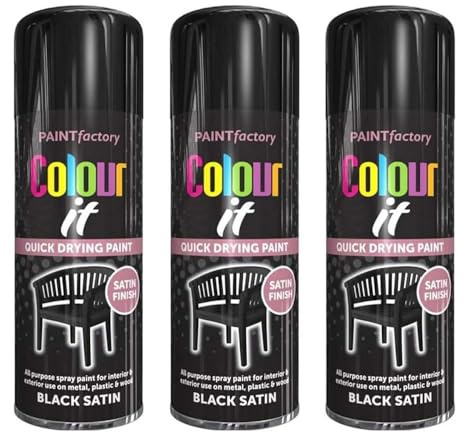 Pack of 3 - Satin Black Spray Paint 400ML – Quick Drying Aerosol for Plastic, Metal and Wood, DIY PF Colour It Can