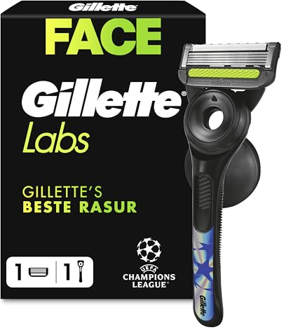 Gillette Labs Rasierer Herren, Nassrasierer, Metall, Schwarz | UEFA Champions League Special Edition, Inkl. 1 Handstück, 1 Rasierklinge Und 1 Wandhalterung für Einfache Lagerung