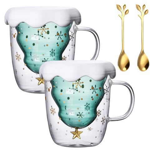 Weihnachten Becher,2 Stück 300ml Doppelwandige Weihnachtstasse Mit Löffel,Weihnachtskaffeetasse,Weihnachtstasse Weihnachtsbaum Für Weihnachtsgeschenke,Cappuccino,Latte Macchiato,Tee,Milch