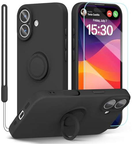 pcgaga Silicone Phone Case for iPhone 17 6.3 Inch with Screen Protector [Ring Holder Stand] [Wrist Strap] [Microfiber Lining] Slim Shockproof Protective Cover, 6.3, Black