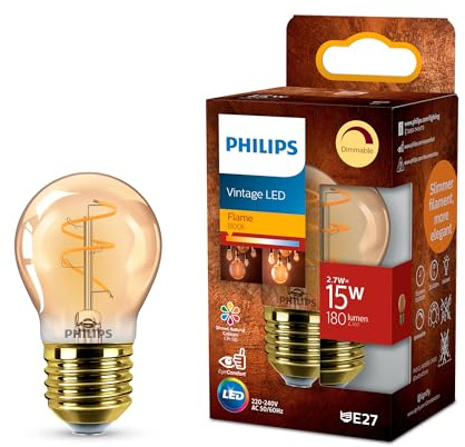 Philips Ámbar vintage P45 (1un) - Bombilla LED, regulable, sin parpadeo, EyeComfort, 180 lúmenes, llama (1800 K), 2,7 W=15 W, casquillo E27