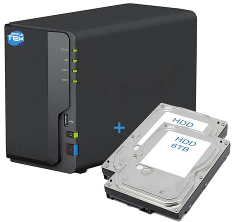 SIMPLETEK - Dispositivo de almacenamiento en red NAS de 2 bahías con doble HDD 6TB+6TB, Gigabit Ethernet LAN, Copia USB, 2GB DDR4