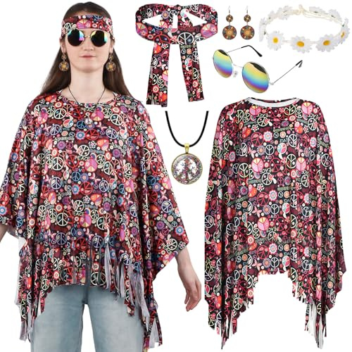 Tantanbear Hippie Kostüm Damen Set, 60er 70er Jahre Hippie Kleidung, Karneval Kostüm Damen Hippie, Disco Outfit Hippie Accessoires für Karneval Disco Party Cosplay Mottoparty Halloween
