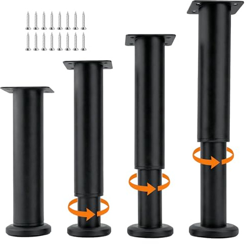 ERMWALR 4 Pcs Furniture Legs Adjustable,7-12in/18-30cm Bed Legs,Black Metal Heavy Duty Centre Frame Bed Support with Screws Thickened Base Support for Beds,Sofa,Chairs,Cabinets,Table