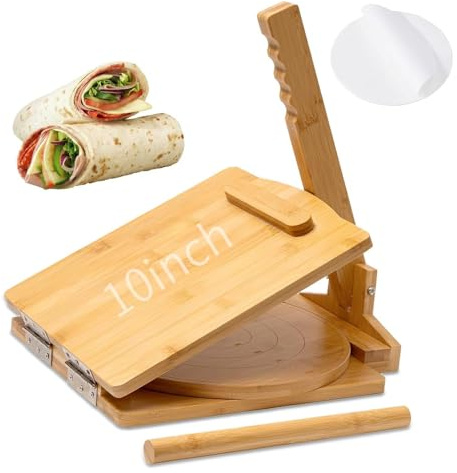 Tortilla-Presse aus Holz, 25,4 cm, drehbar, Prensa Para Tortillas mit 50 Stück Pergamentpapier, robuste Prensa Para Tortillas mit Nudelholz, für mexikanische Tortillas, Roti Burrito, Taco Pataconera