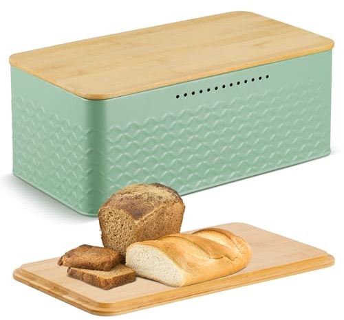 Chuboir Bread Bin, Metal Bread Box with Bamboo Lid Usable as Cutting Board, Bread Storage Container Holder for Kitchen Countertop, 13 x 7 x 5.3 inch (Green)