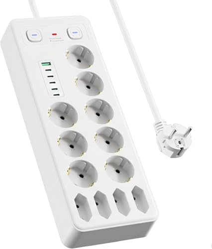 Steckdosenleiste mit 8 Schuko-Steckdose und 4 Flache Steckdose, 12 Fach Mehrfachsteckdose mit 1 USB-A & 5 USB-C, 2M Kabel, Kindersicherung, Wandmontage, Weiß