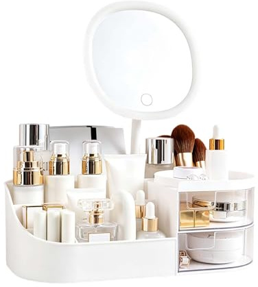 Organizador de Maquillaje con Espejo LED Iluminado, Caja de Cosméticos Blanca con Cajones Transparentes, Almacenamiento de Gran Capacidad para Cuidado de la Piel, Brochas y Pintalabios, para Tocador