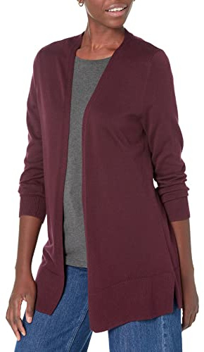 Amazon Essentials Women's Lightweight Long-Sleeve Open-Front Long Cardigan Sweater, Regular Fit, Burgundy, Small