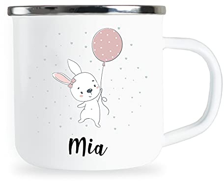 Personalisierte Kindertasse mit Name und niedlichem Hasen Motiv Emaille Tasse individuelle Geschenke Kind Geburtstag Geschenkidee für Kinder Mädchen Junge Metallbecher Emailletasse