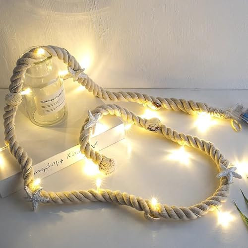 Esoes Hemp Rope String Lights, 1.5M Seashell Conch Beach Theme Nautical Maritime Decoration Fairy Lights Battery Operated String Lights for Indoor Garden Birthday Party Home Bedroom Xmas 15 LED