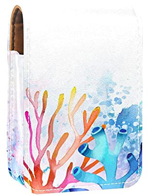 Lippenstift-Etui mit Spiegel Aquarell Bunte Koralle Lipgloss-Halter Tragbare Lippenstift-Aufbewahrungsbox Reise-Make-up-Tasche Mini-Kosmetiktasche aus Leder Für 3 Lippenstifte