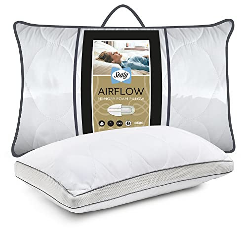 Sealy Airflow Memory Foam Pillow - Ventilated Memory Foam Bed Pillow for Cool Sleep with Fibadown Fibres and Cotton Quilted Cover - Medium Firmness Ideal for Side and Back Sleepers, White