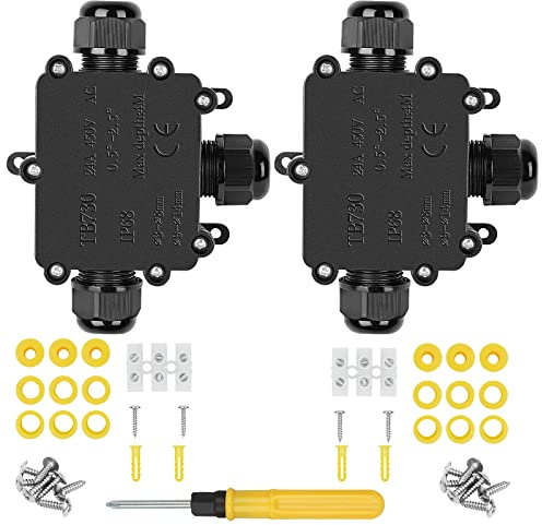 2 Stück IP68 Wasserdichte Abzweigdose, 3-Wege T-Form Verteilerdose Außen Erdkabel, Kabelverbinder Außenbereich Klemmdose für Ø4mm-15mm Kabel,Schwarz