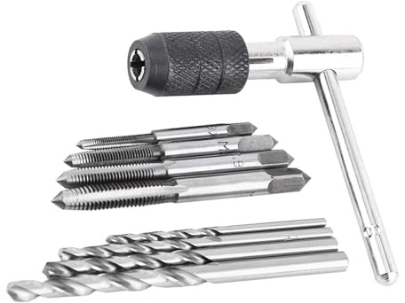 Set di Chiavi a Bussola 9 Pezzi M3 M4 M5 M6, Maschi a Vite e Chiave a T con Punte Elicoidali per Filettatura e Maschiatura, Accessori per Trapano e Maniglie | Kit di Maschi a Vite e Chiave a T per Filettatura e Maschiatura Realizzati in acciaio per Cuscinetti Design a T