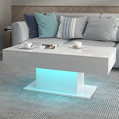 KEEPREAPER Couchtisch Wohnzimmertisch Hochglanz, Sofatisch mit LED Beleuchtung modern für Wohnzimmer, 110 x 55 x 50 cm (Weiß)