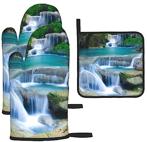Waterfall Stream Printed Oven Mitts and Pot Holders 3 Pcs Set Potholders High Heat Resistant Kitchen Oven Gloves Cooking Gloves for Baking Grilling