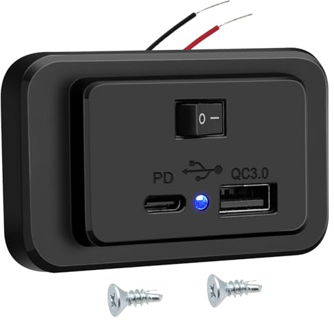 Hoembpn Dual USB C Car Charger Socket PD2.0+QC3.0 with On/Off Power Switch, DC12V-26V Adaptor USB Fast Charge Socket Panel with LED for Boat SUV Caravan RV Truck Marine