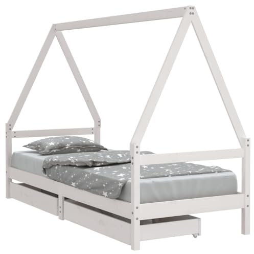 vidaXL Kinderbett, Kinder Bettgestell mit Schubladen, Hausbett für Kleinkinder ab 4 Jahren, Einzelbett Kinder Jugendbett Holzbett, Weiß 90x200 cm Massivholz Kiefer