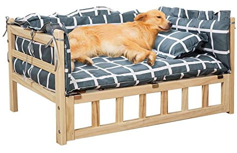 Hundebett Grau Kariertes Hochbett für Hunde mit Matratze ＆ Kissen, Große Orthopädische Relief-Haustiercouch aus Holz mit Zaun, für Zuhause, Outdoor, Hof ( Color : Style1 , Size : XL112x64x38cm/44x25x1